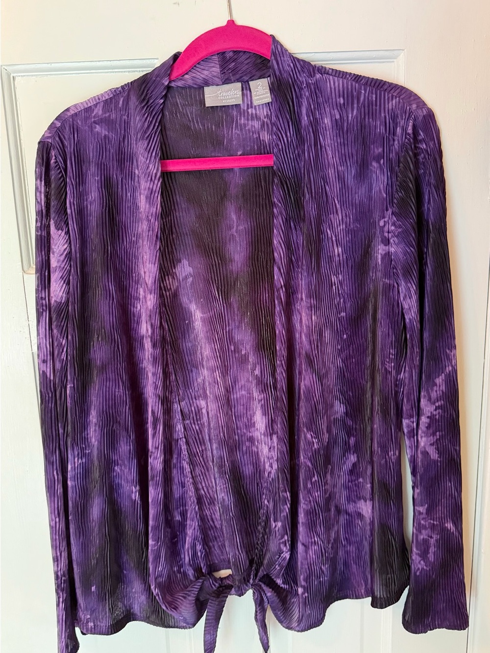 Chico’s Travelers Collection Purple Crinkle Open Front Tie Jacket Size 2 (12/14)